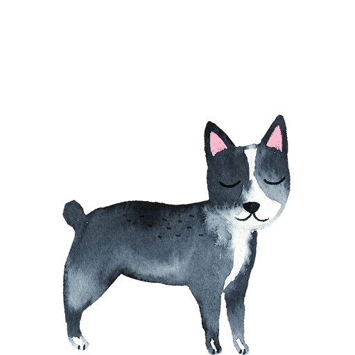 Watercolor illustration of a small grey and white dog standing in profile with eyes closed.