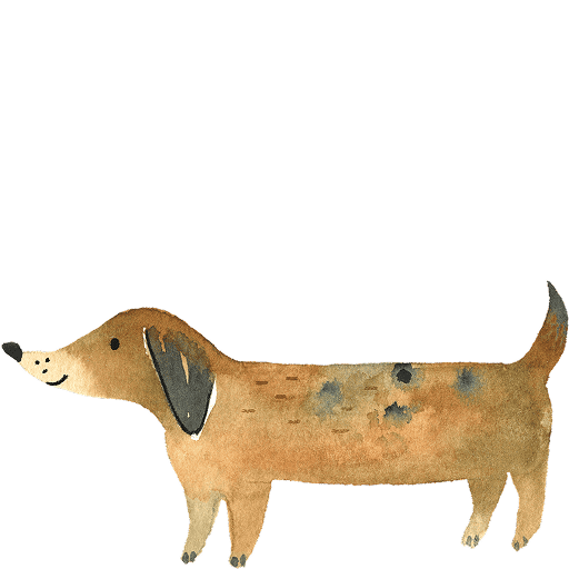 Watercolor illustration of a long-bodied tan and brown spotted dog standing in profile.